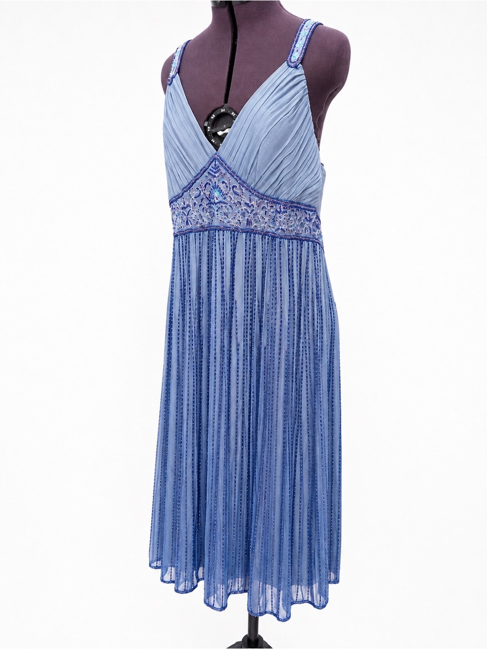 Vintage Y2K 100% Silk Heavily Beaded Blue Evening Gown Dress Size 12